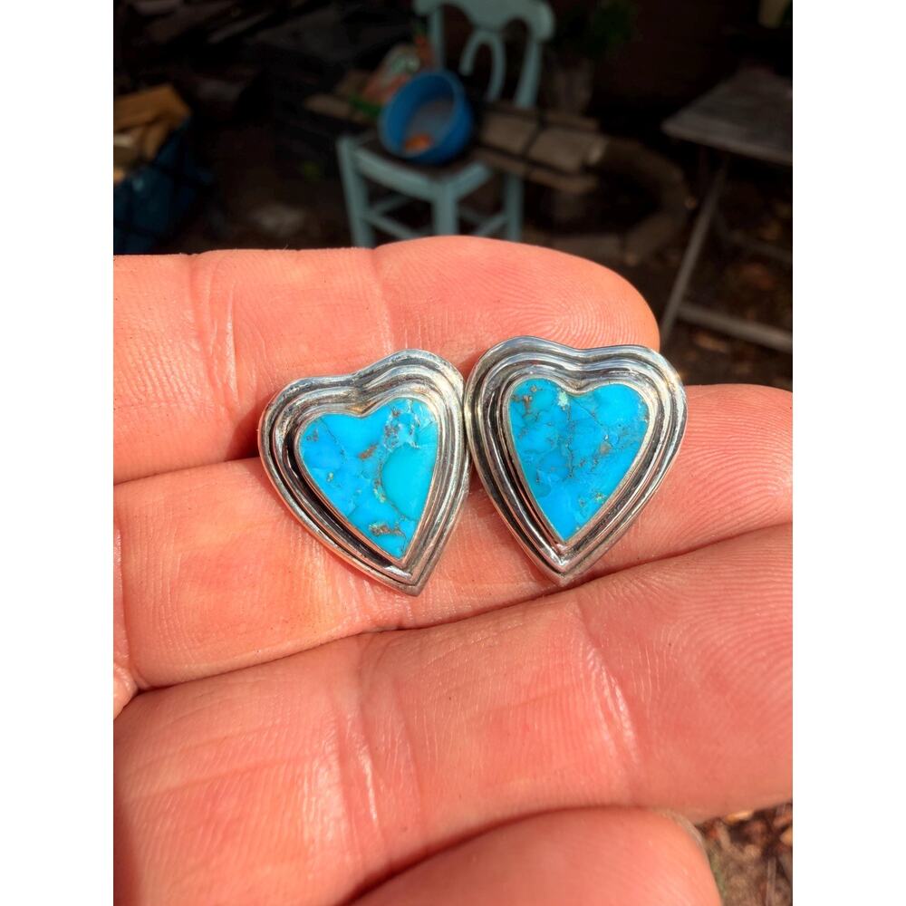 Sterling Silver Turquoise Heart Stud Earrings | Deep Blue Matrix Southwest Boho